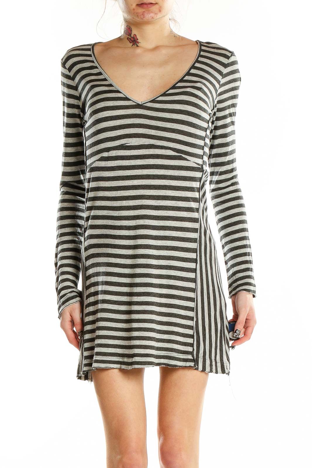 Front view of LITTLE YELLOW BUTTON gray and white striped V-neck mini dress