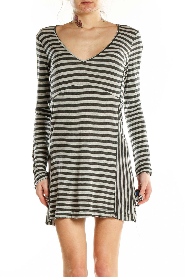 Front view of LITTLE YELLOW BUTTON gray and white striped V-neck mini dress