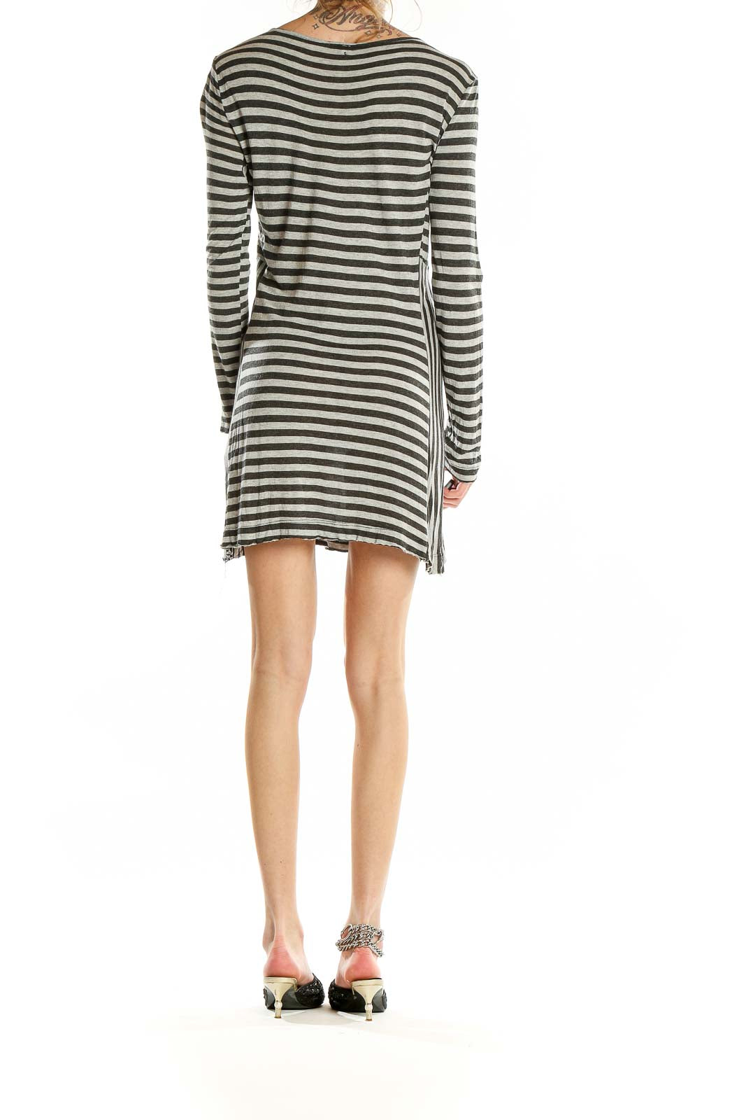 Back view of LITTLE YELLOW BUTTON gray and white striped mini dress