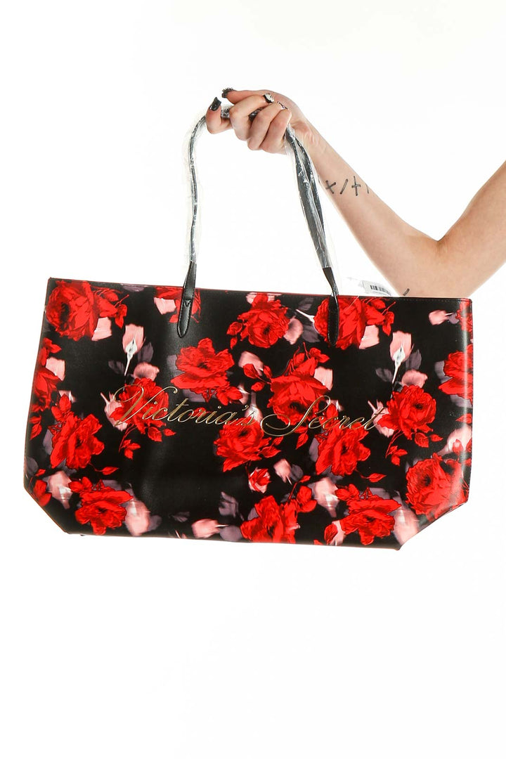 Victoria's Secret Black Floral PVC Tote Bag with red rose print, front view