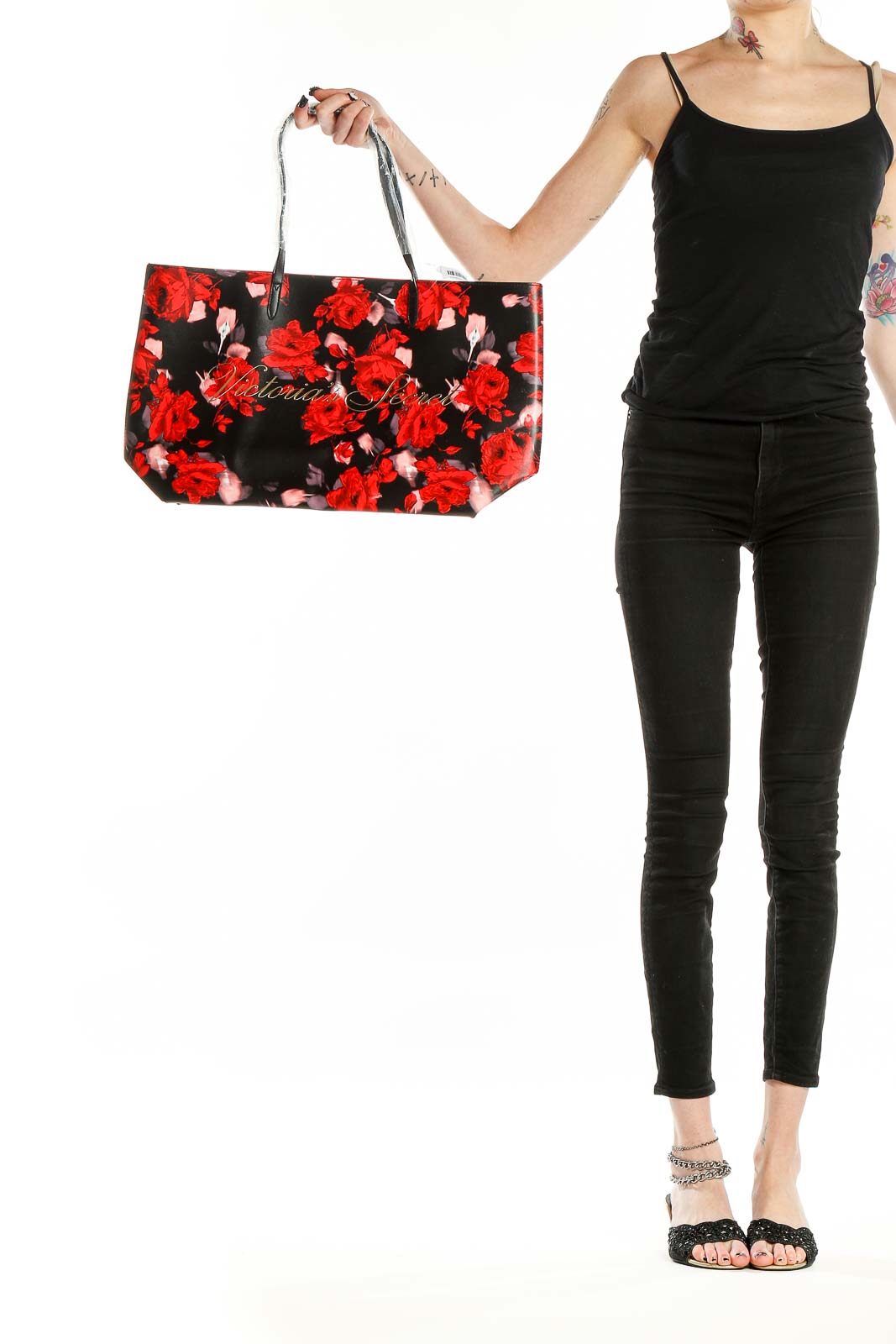 Victoria's Secret Black Floral PVC Tote Bag with red rose print, front view