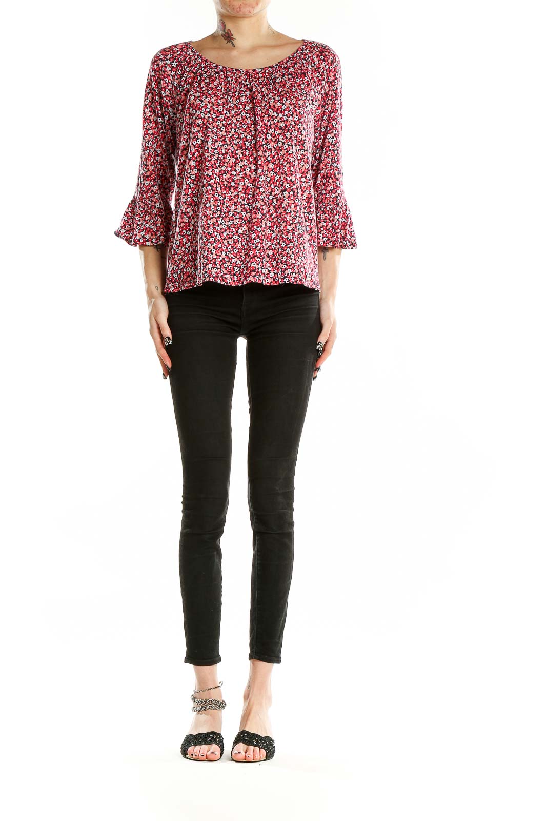 Front view of MICHAEL Michael Kors red floral print blouse with bell sleeves