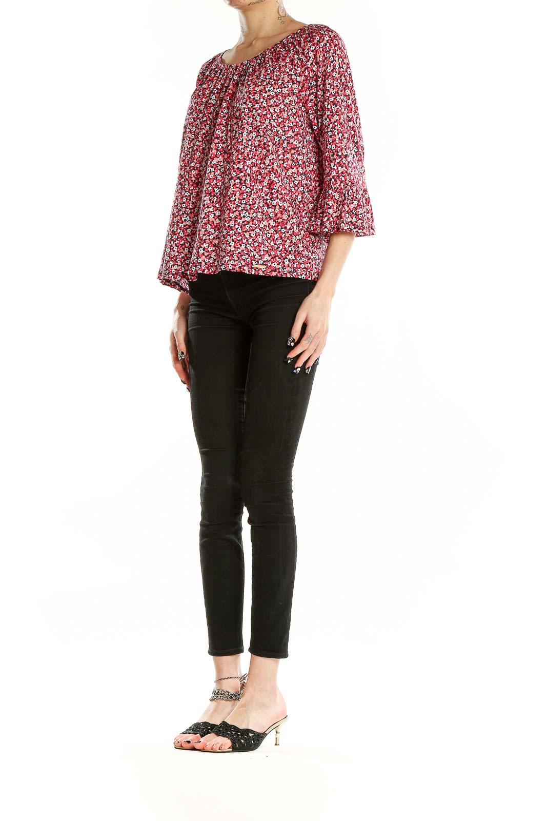 Front view of MICHAEL Michael Kors red floral print blouse with bell sleeves