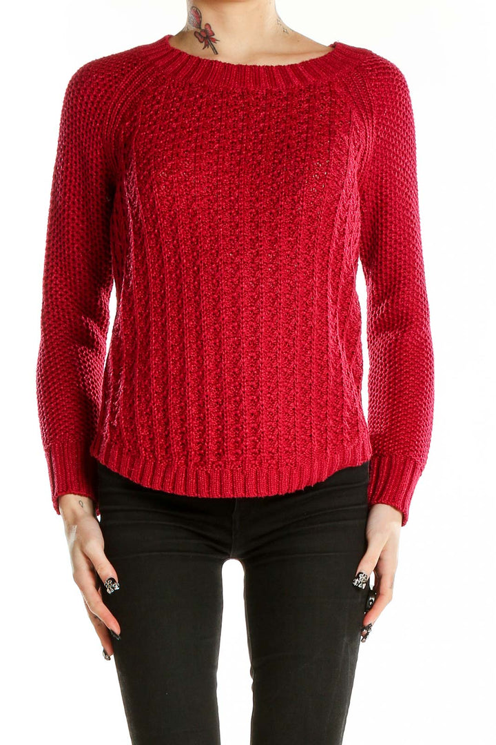 Front view of red chunky knit sweater by Calvin Klein Jeans