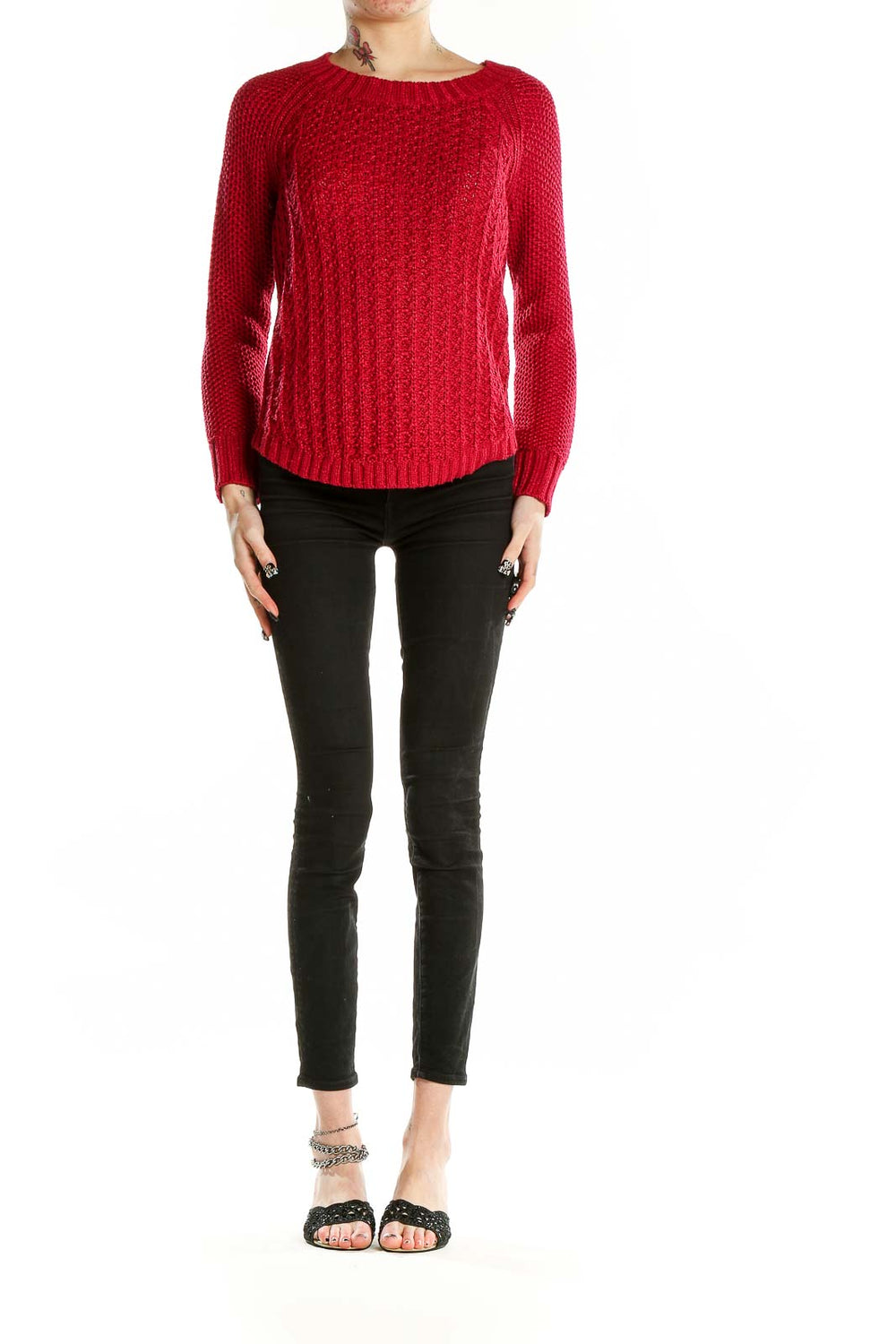Front view of red chunky knit sweater by Calvin Klein Jeans