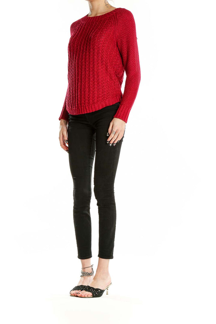 Front view of red chunky knit sweater by Calvin Klein Jeans