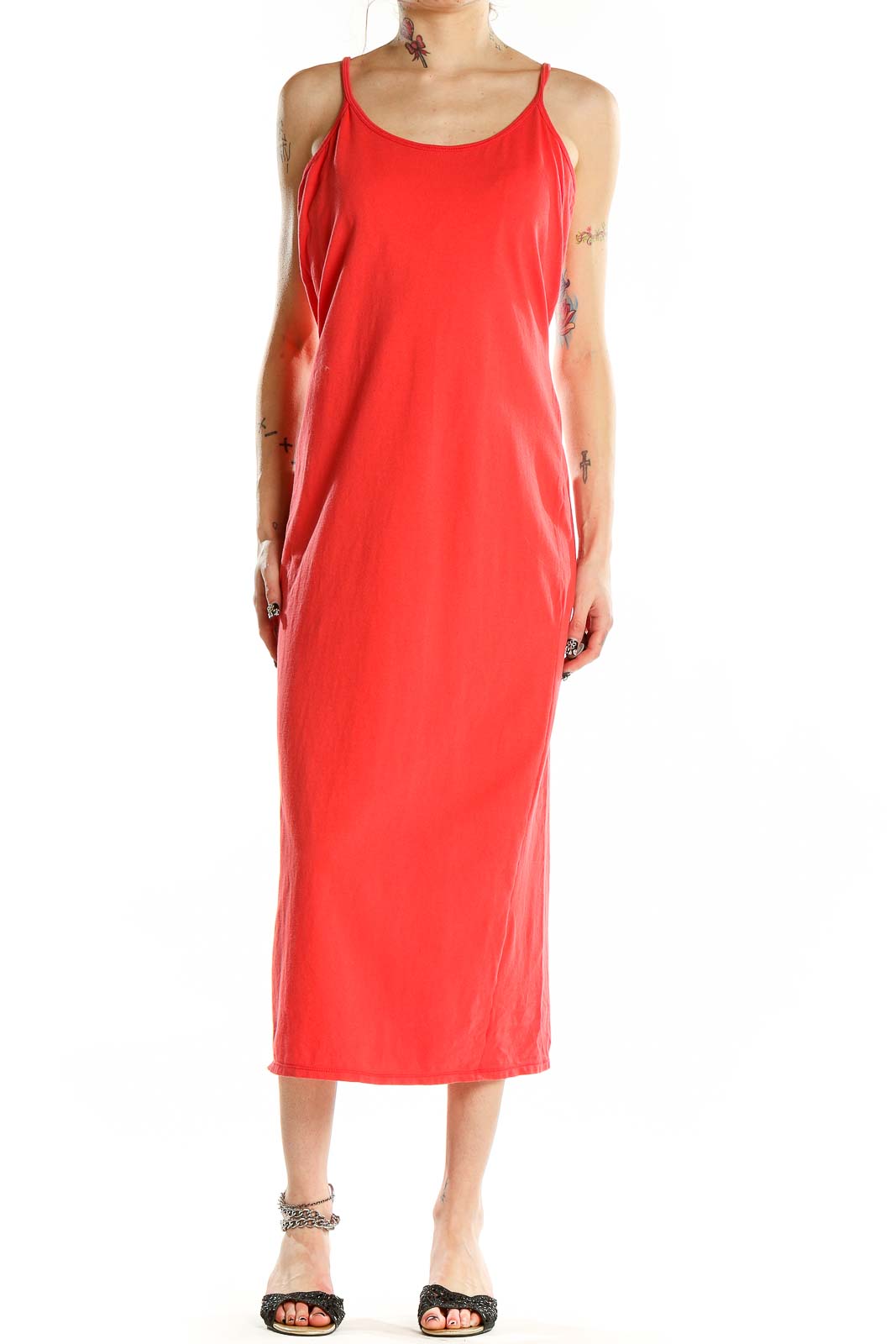 Front view of red Shape Fx midi dress with spaghetti straps