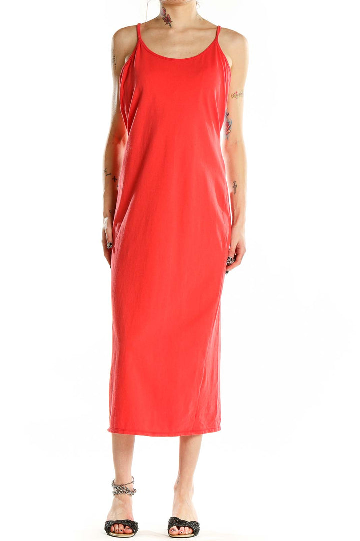 Front view of red Shape Fx midi dress with spaghetti straps