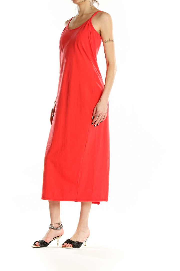 Front view of red Shape Fx midi dress with spaghetti straps