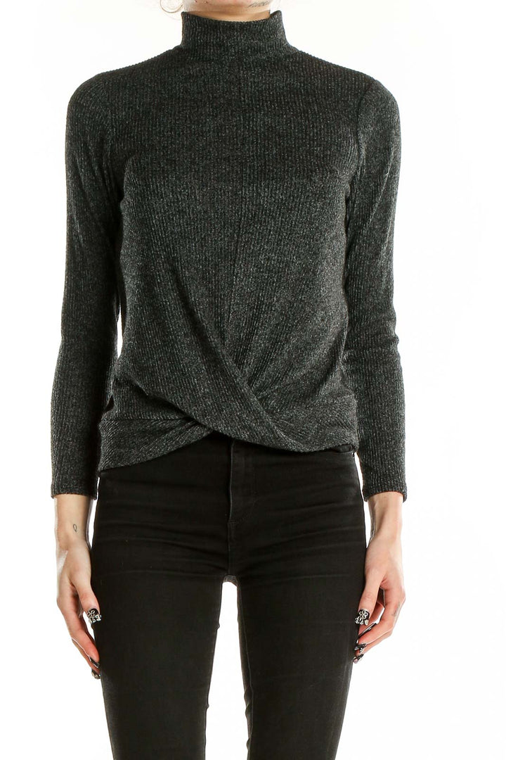 Front view of Nine West charcoal twist-front mock neck top on model