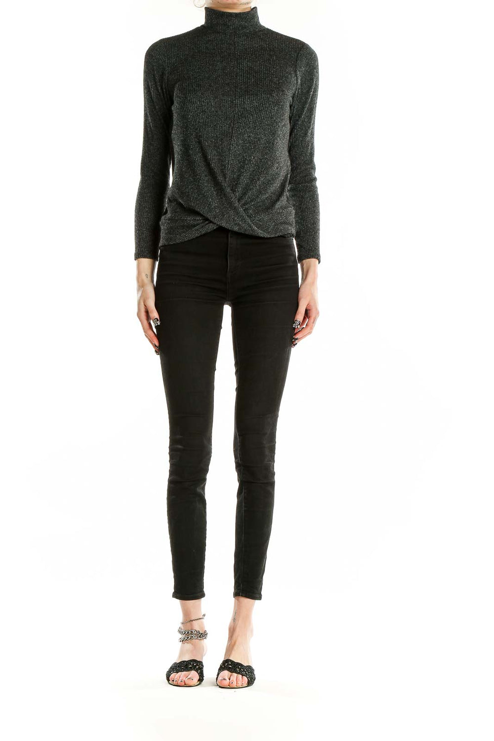 Front view of Nine West charcoal twist-front mock neck top on model
