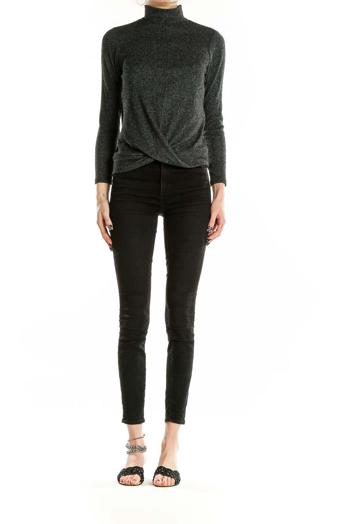 Front view of Nine West charcoal twist-front mock neck top on model