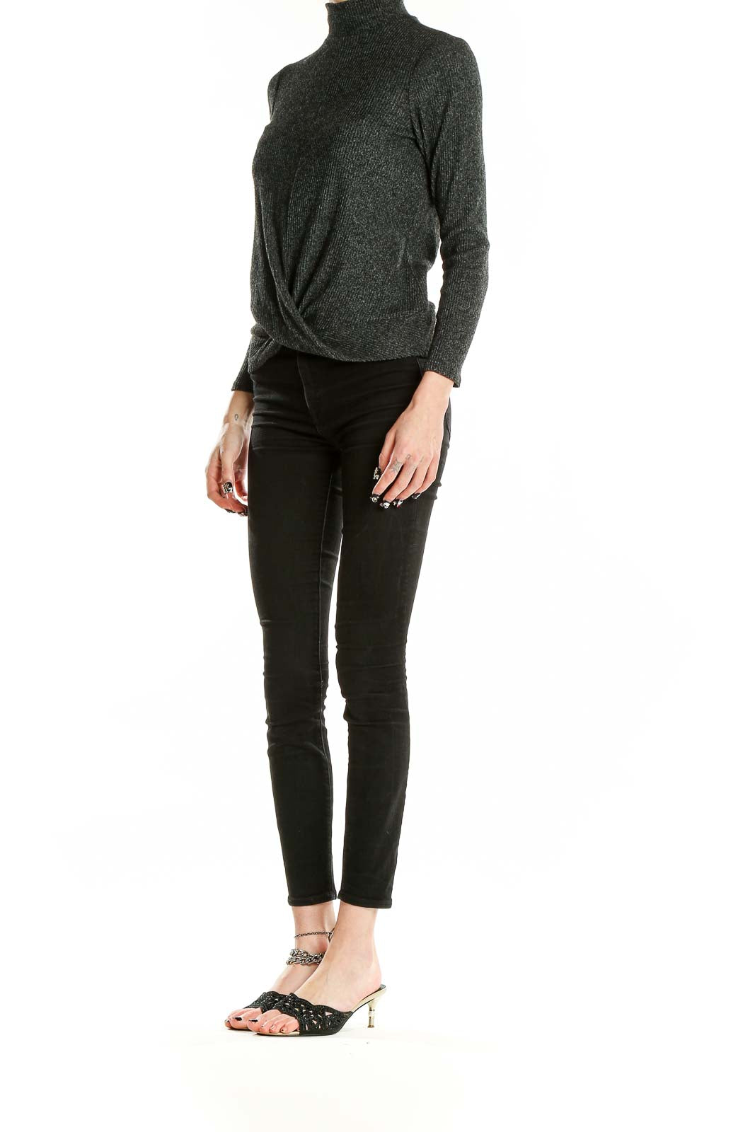 Front view of Nine West charcoal twist-front mock neck top on model