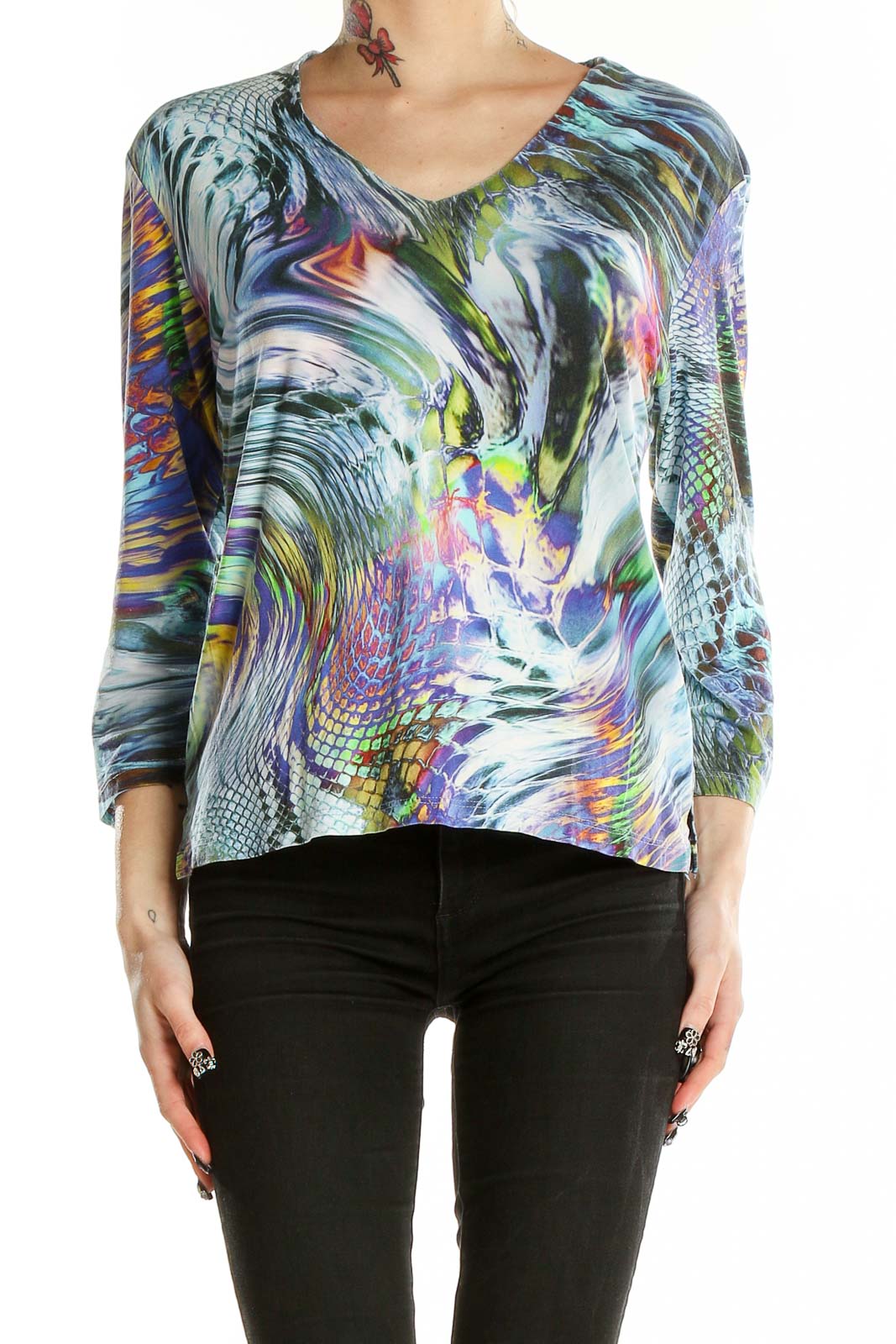 Front view of Linda Leal multicolor abstract print V-neck top