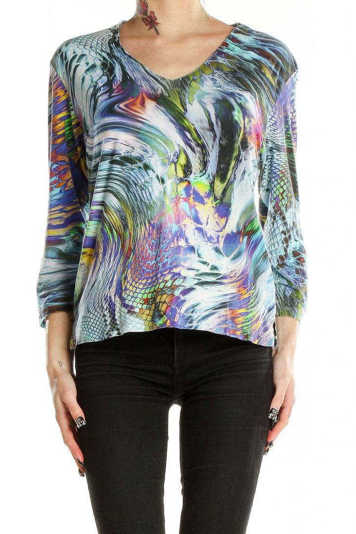 Front view of Linda Leal multicolor abstract print V-neck top