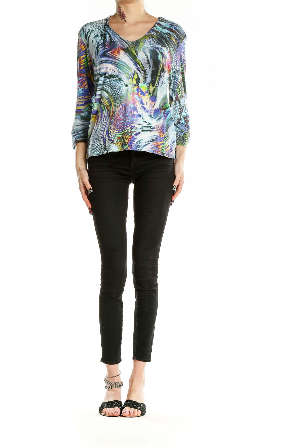 Front view of Linda Leal multicolor abstract print V-neck top