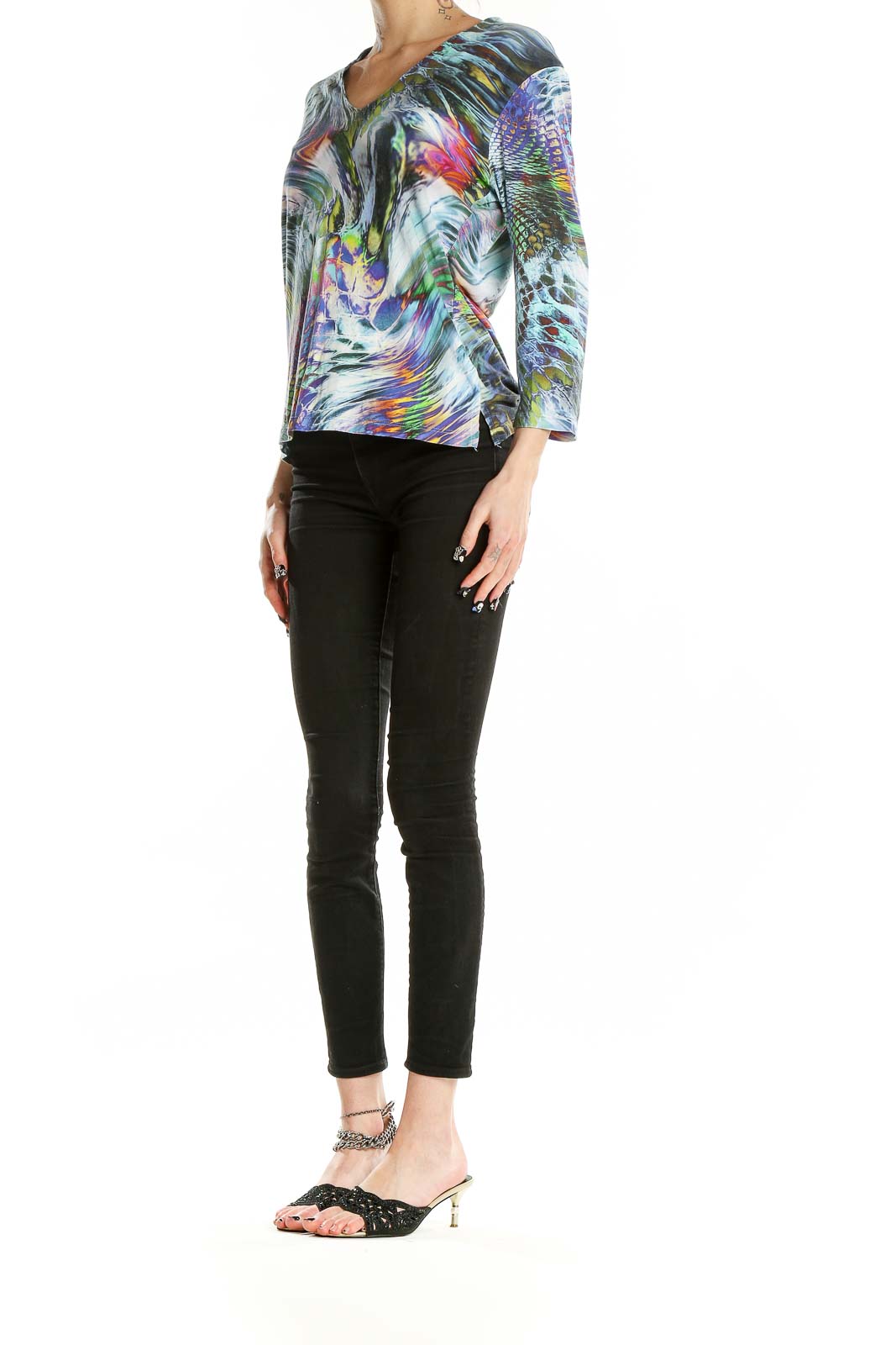 Front view of Linda Leal multicolor abstract print V-neck top