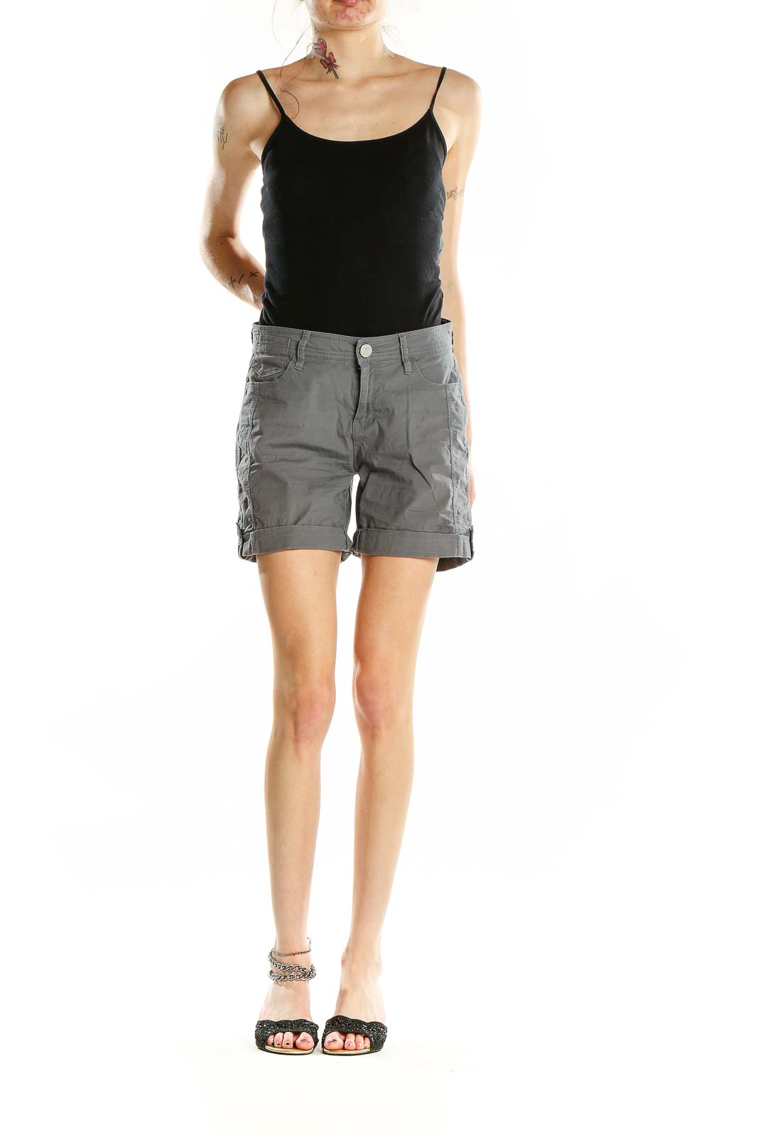 Front view of gray DKNY Jeans cotton blend shorts