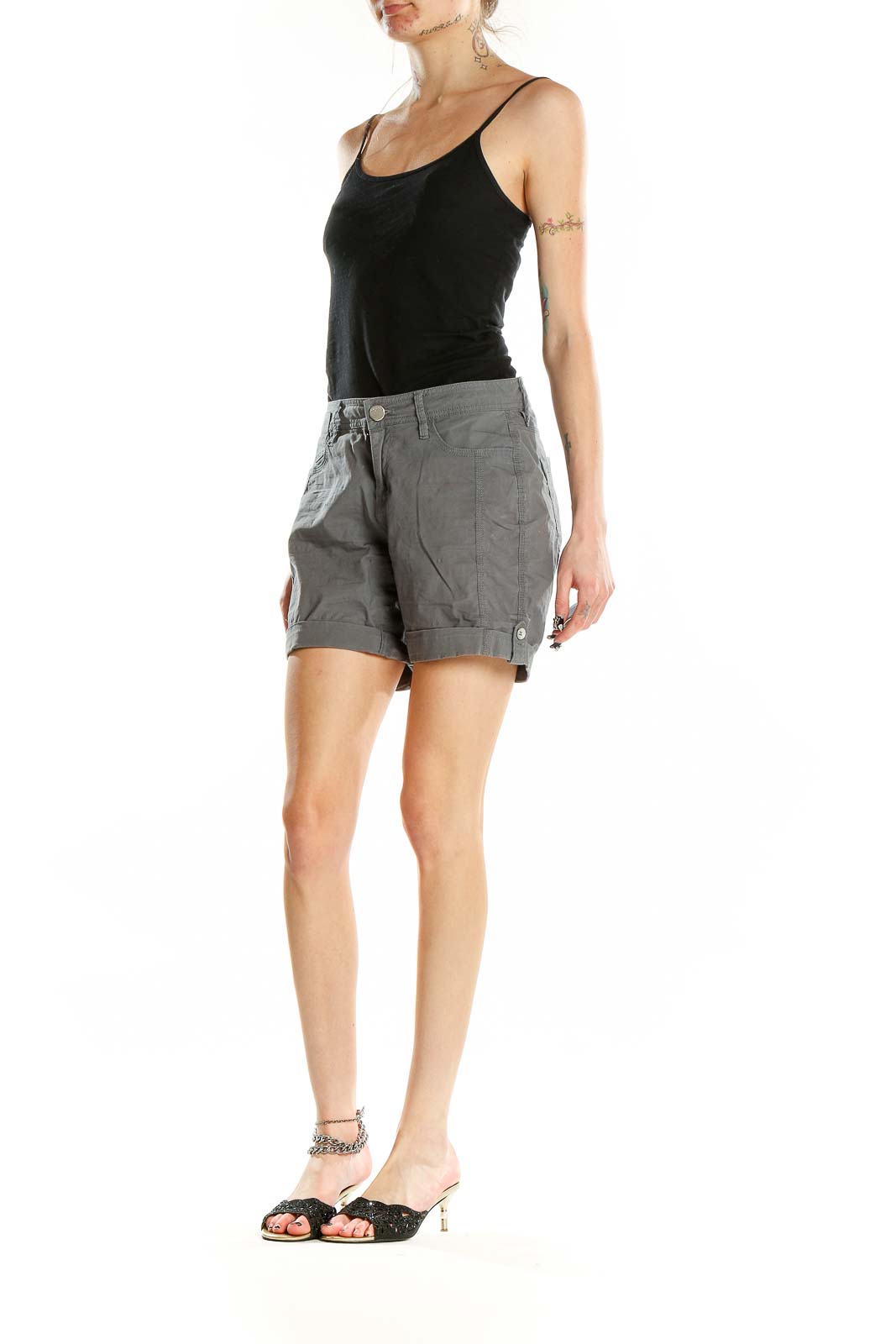 Front view of gray DKNY Jeans cotton blend shorts