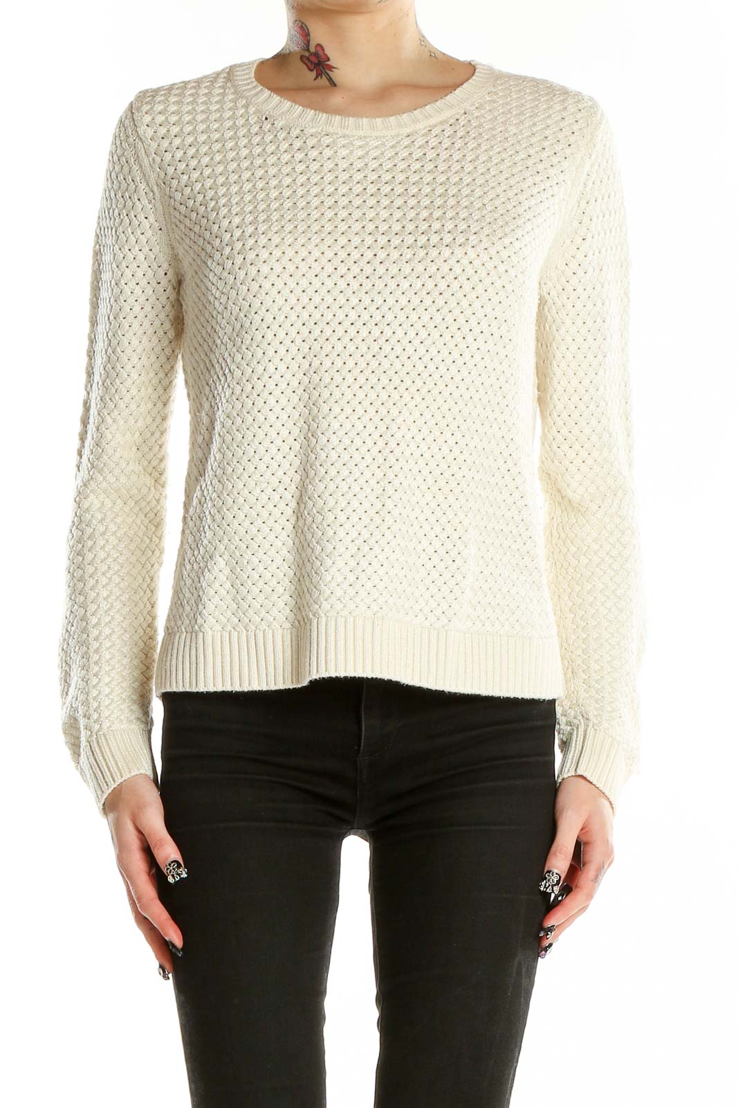 Front view of Banana Republic cream textured knit sweater with honeycomb pattern