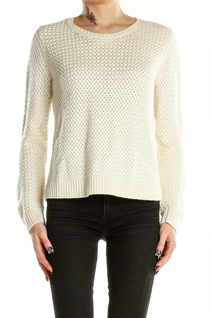 Front view of Banana Republic cream textured knit sweater with honeycomb pattern
