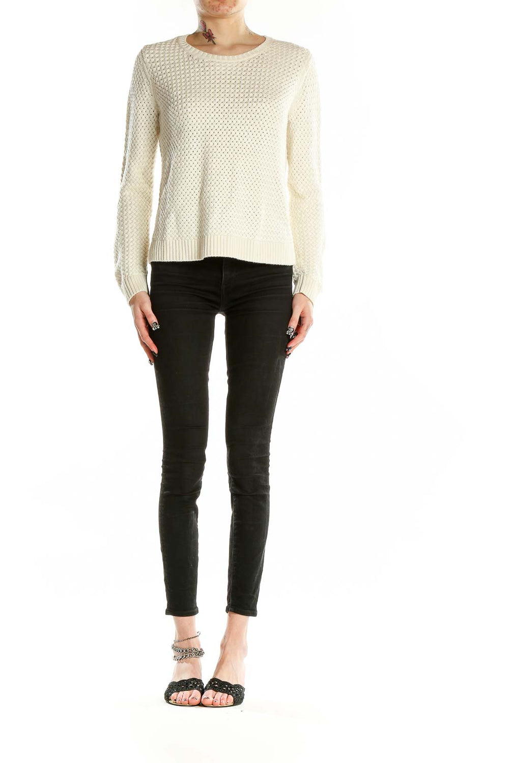 Front view of Banana Republic cream textured knit sweater with honeycomb pattern