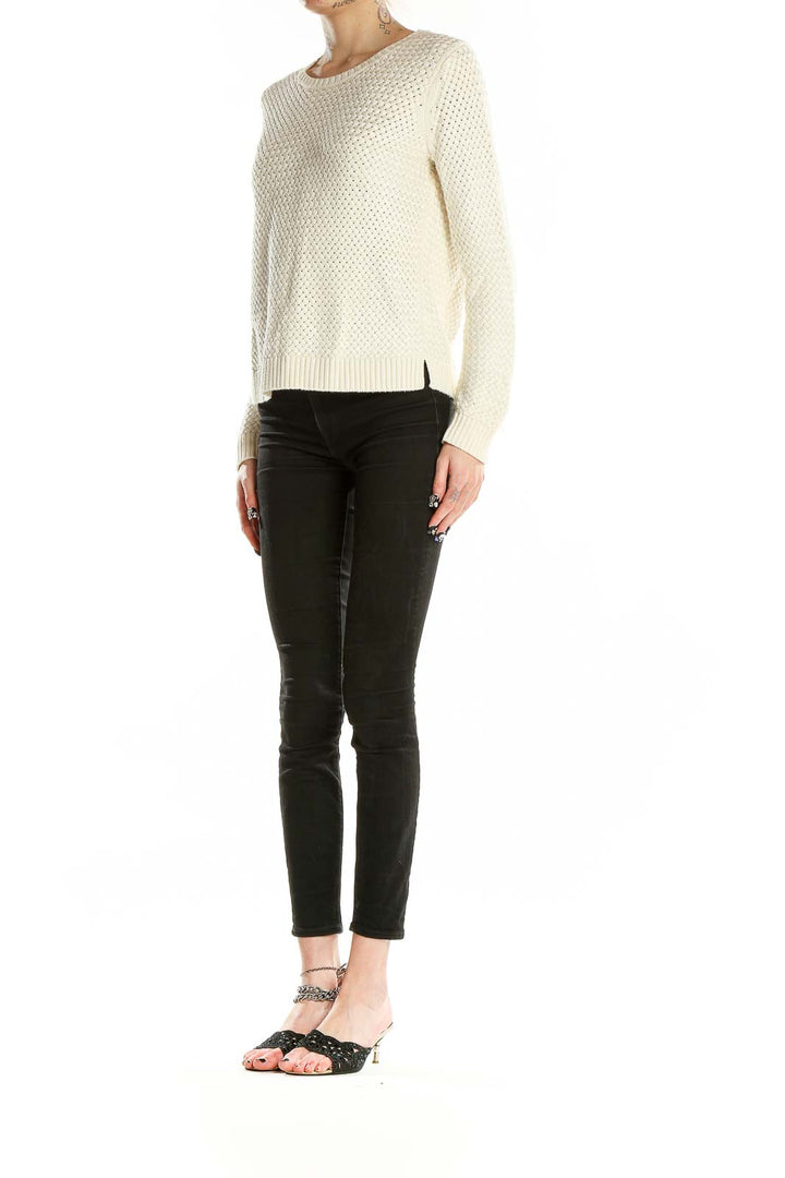 Front view of Banana Republic cream textured knit sweater with honeycomb pattern