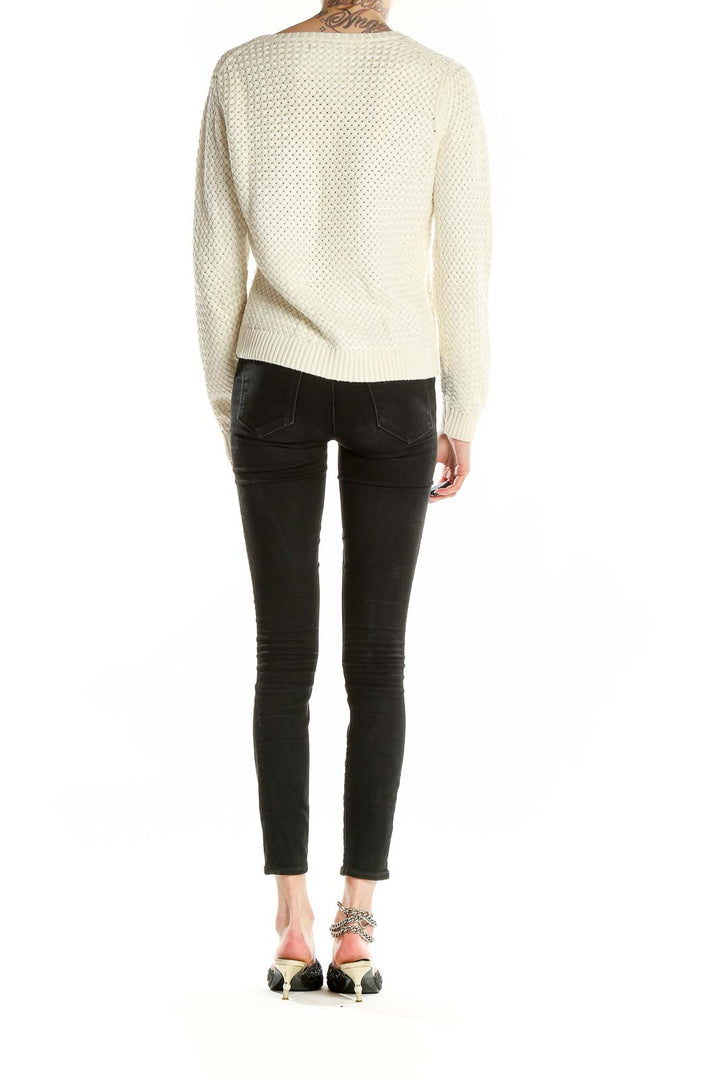 Back view of Banana Republic cream textured knit sweater showing full length and fit
