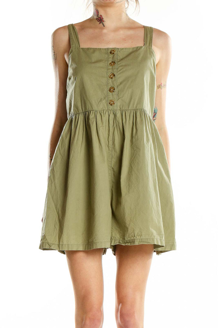 Front view of olive green cotton romper with button-front detail