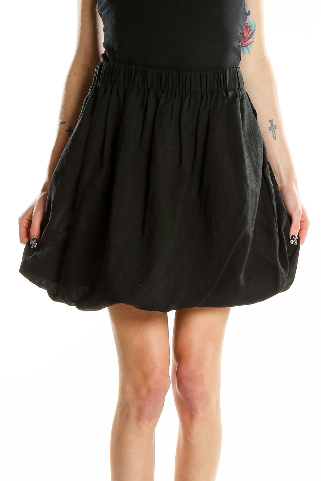 Front view of Chloe black silk-wool blend bubble skirt