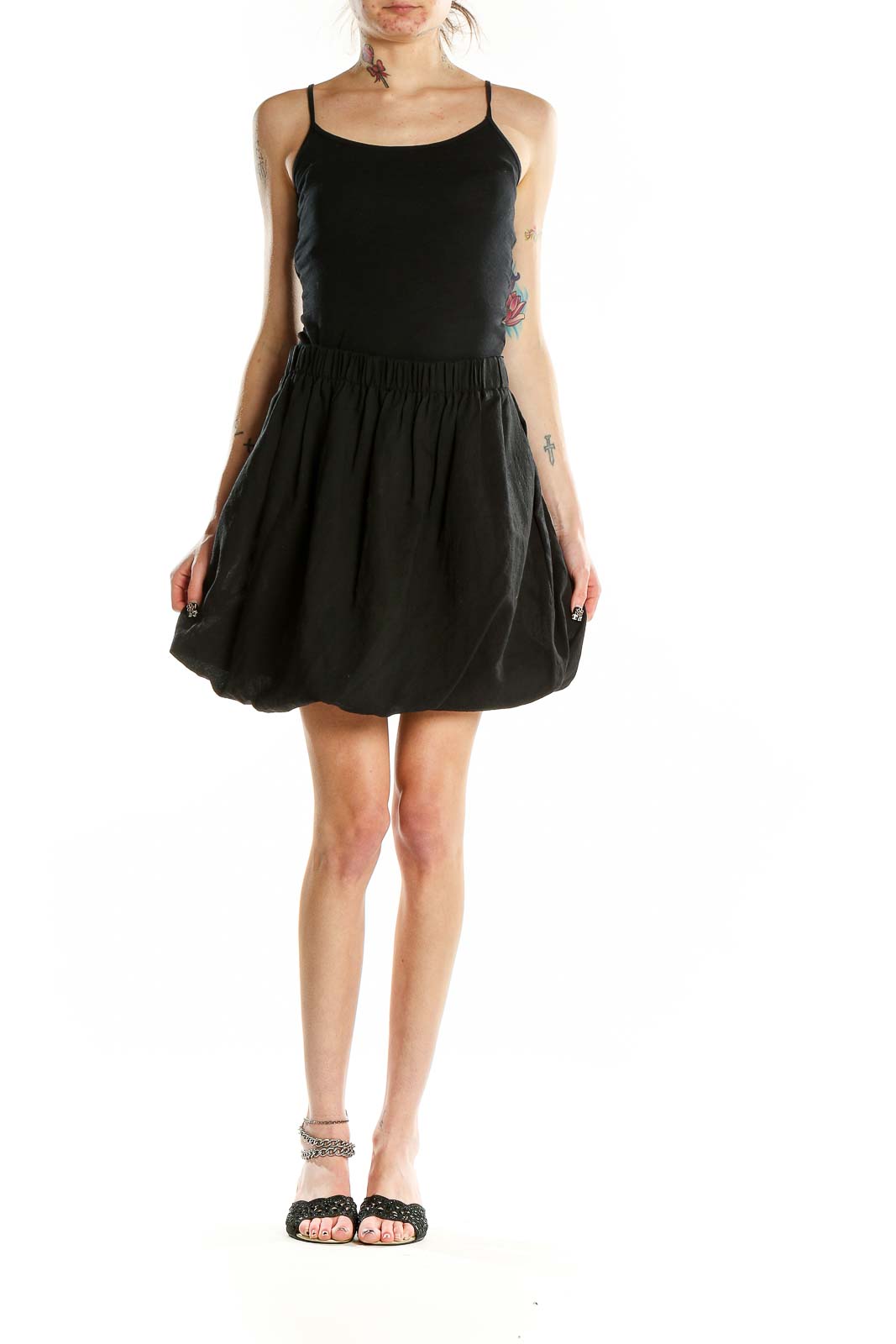 Front view of Chloe black silk-wool blend bubble skirt