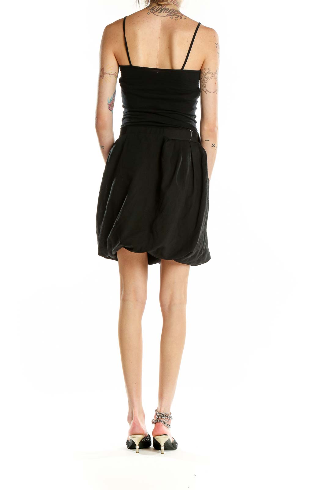 Back view of Chloe black silk-wool blend bubble skirt on model