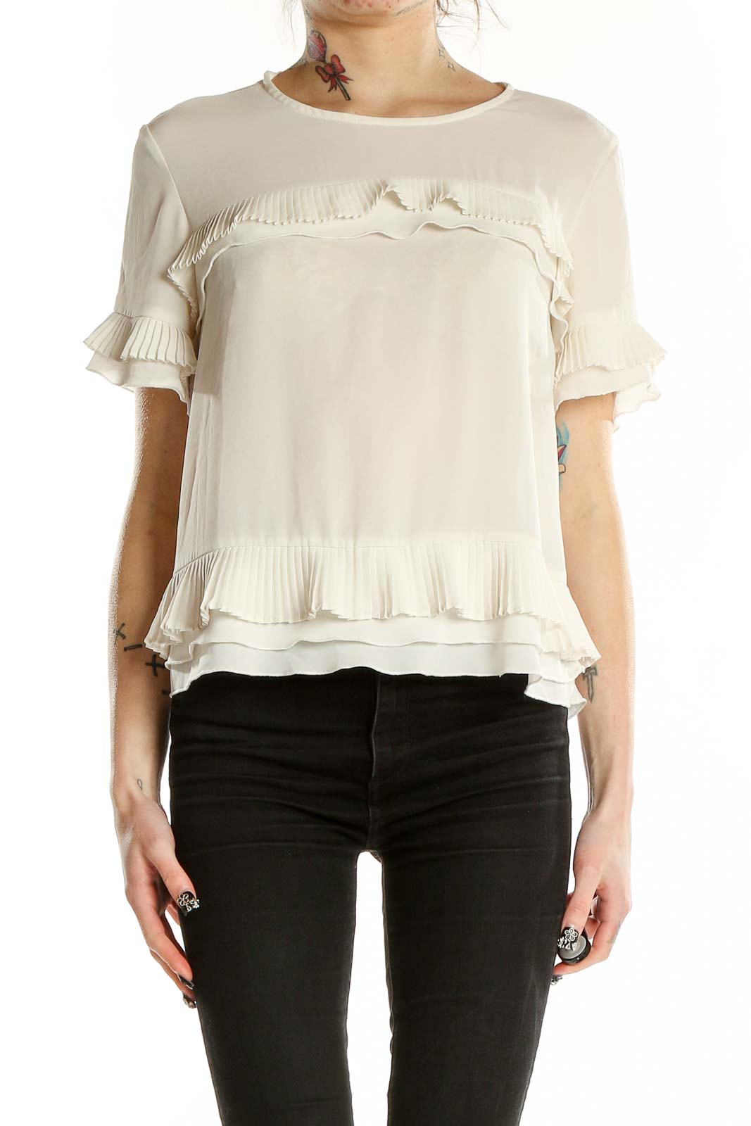 White Shorts Sleeve Ruffle Blouse