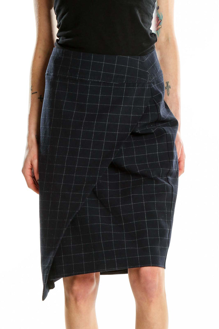 Front view of Rachel Roy Collection navy plaid asymmetrical pencil skirt