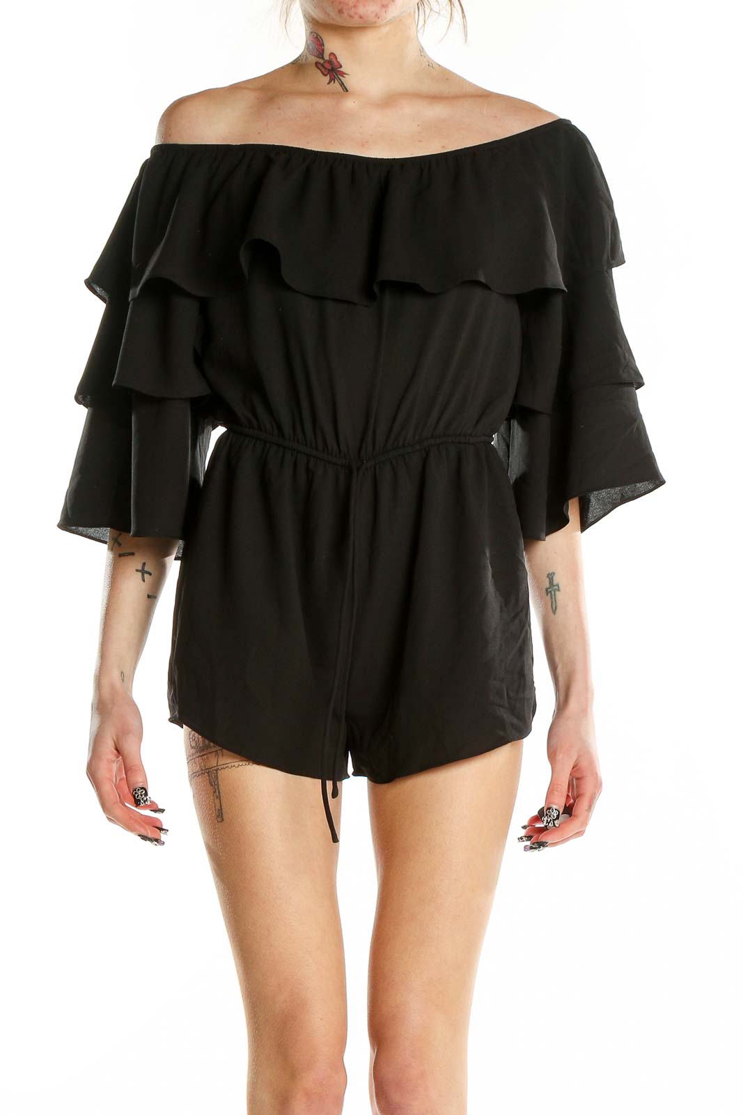 Front view of Honey Belle black off-shoulder romper with ruffles and bell sleeves