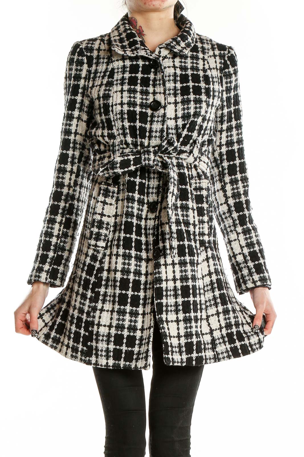 Front view of Love Stitch black and white plaid wool-blend coat with tie waist
