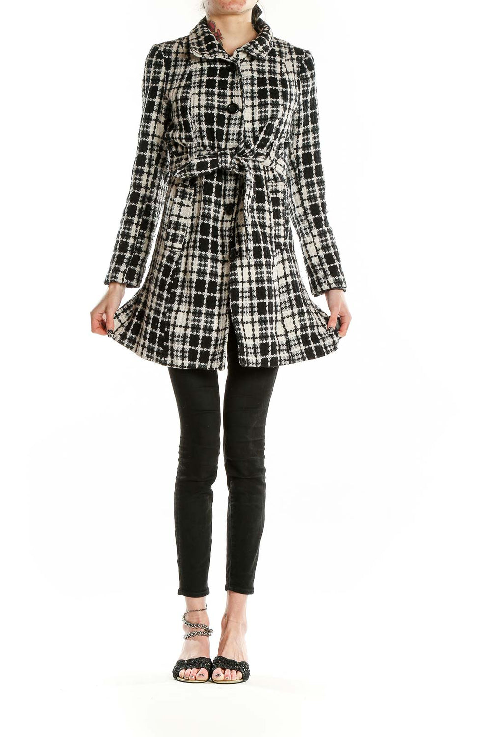 Front view of Love Stitch black and white plaid wool-blend coat with tie waist