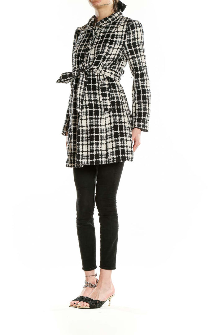 Front view of Love Stitch black and white plaid wool-blend coat with tie waist