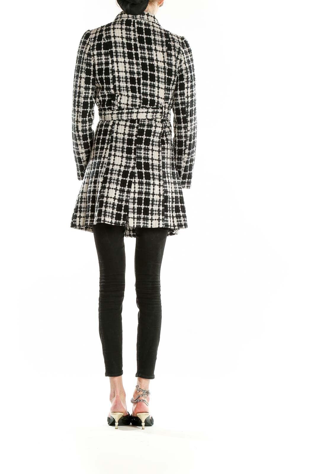 Back view of Love Stitch black and white plaid wool-blend coat showing full length