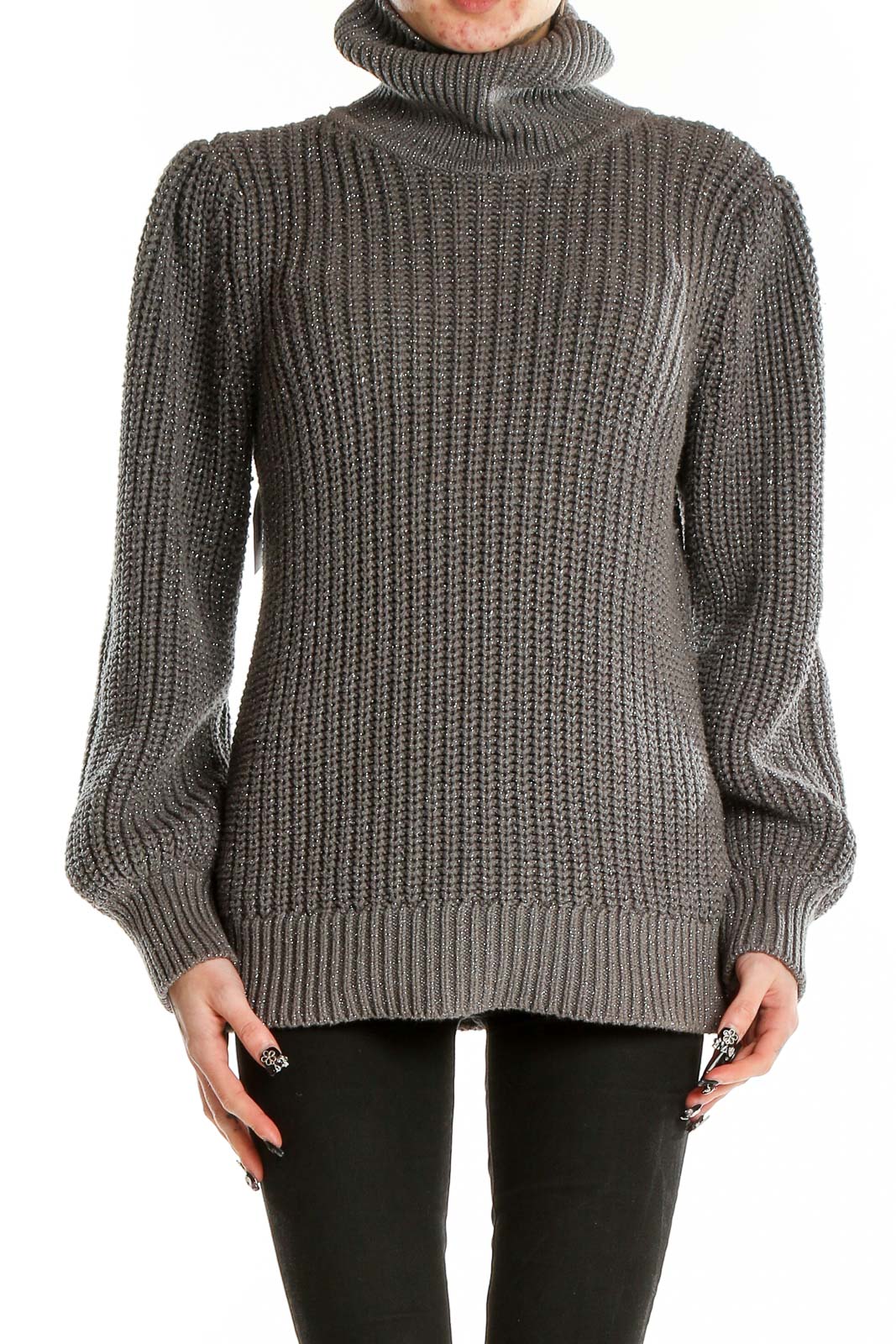 Front view of Alfani gray chunky knit turtleneck sweater with oversized collar