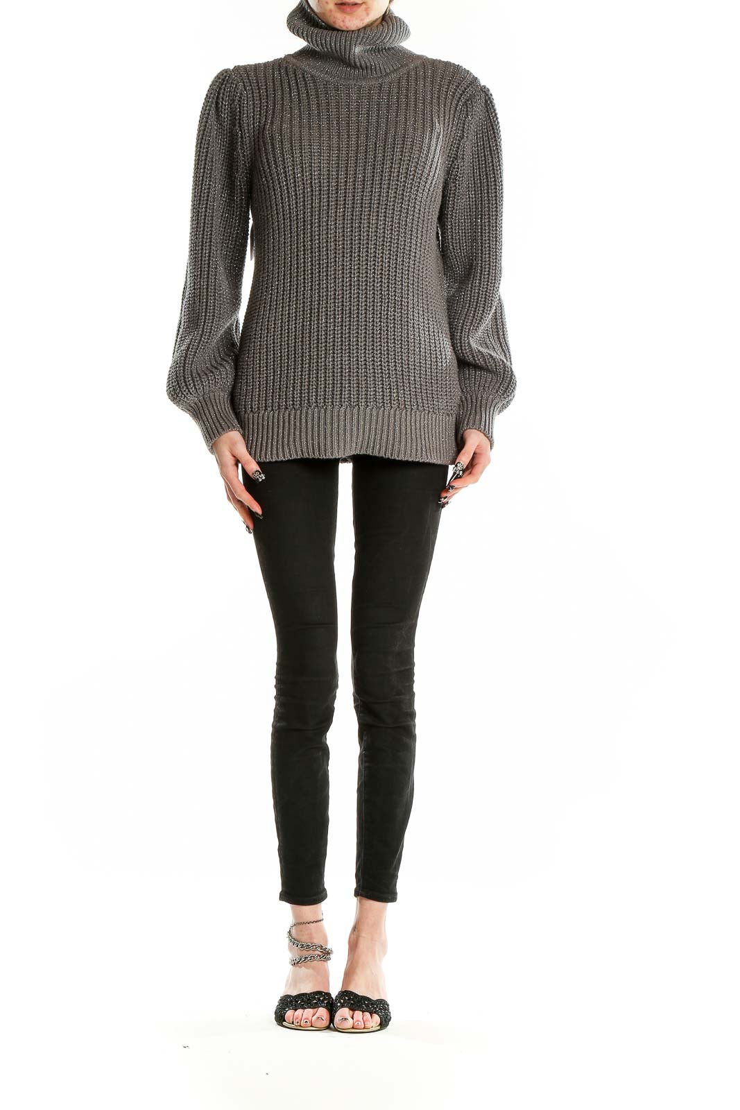 Front view of Alfani gray chunky knit turtleneck sweater with oversized collar