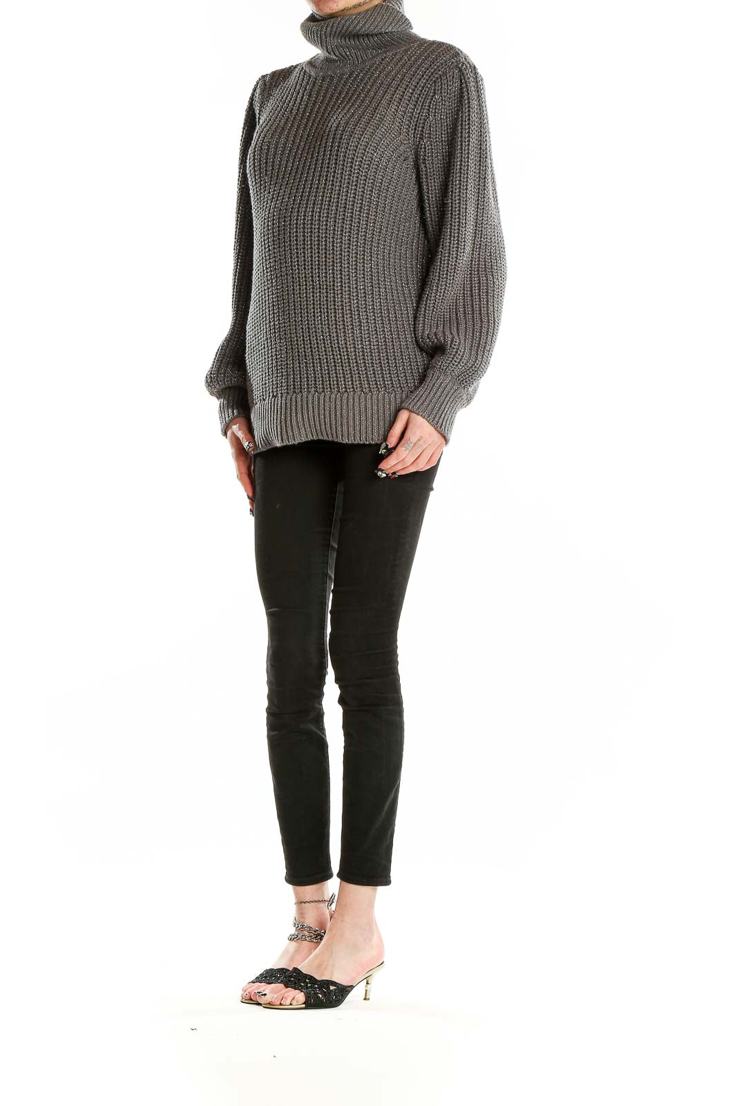 Front view of Alfani gray chunky knit turtleneck sweater with oversized collar