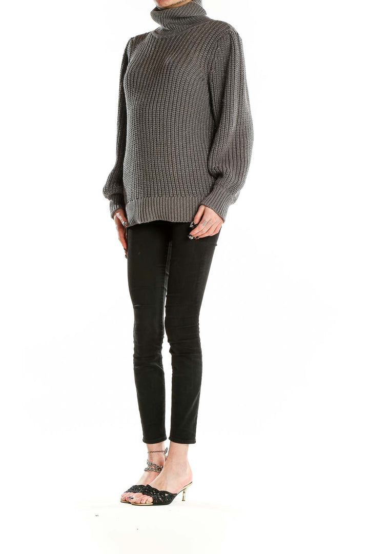 Front view of Alfani gray chunky knit turtleneck sweater with oversized collar