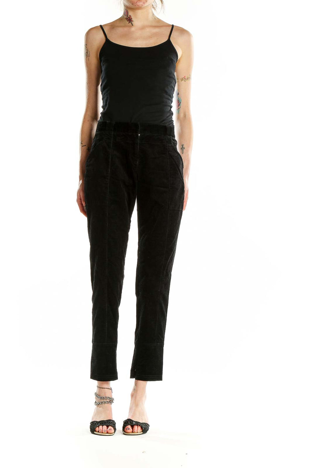 Front view of Proenza Schouler black tailored trousers with side pockets
