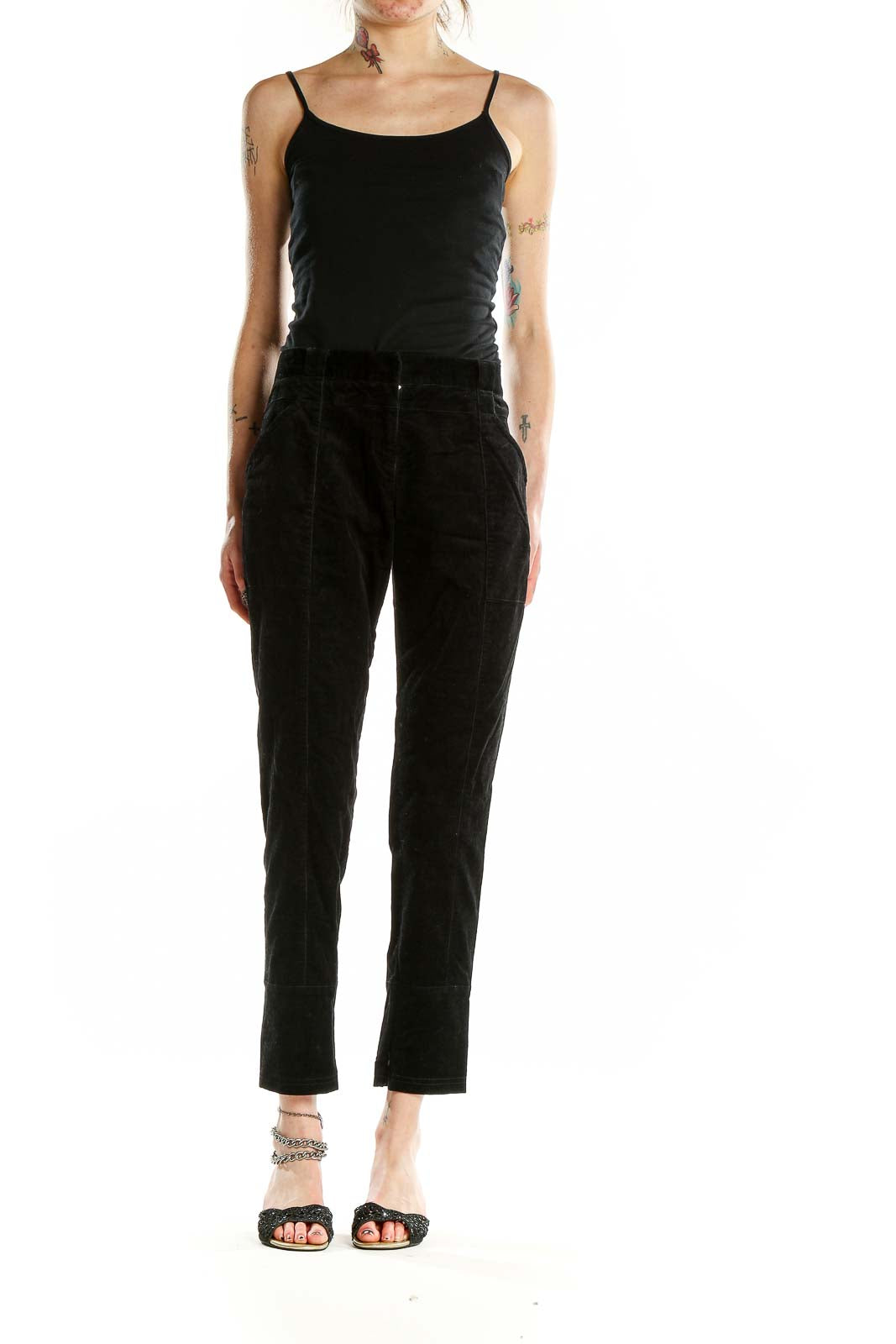 Front view of Proenza Schouler black tailored trousers with side pockets