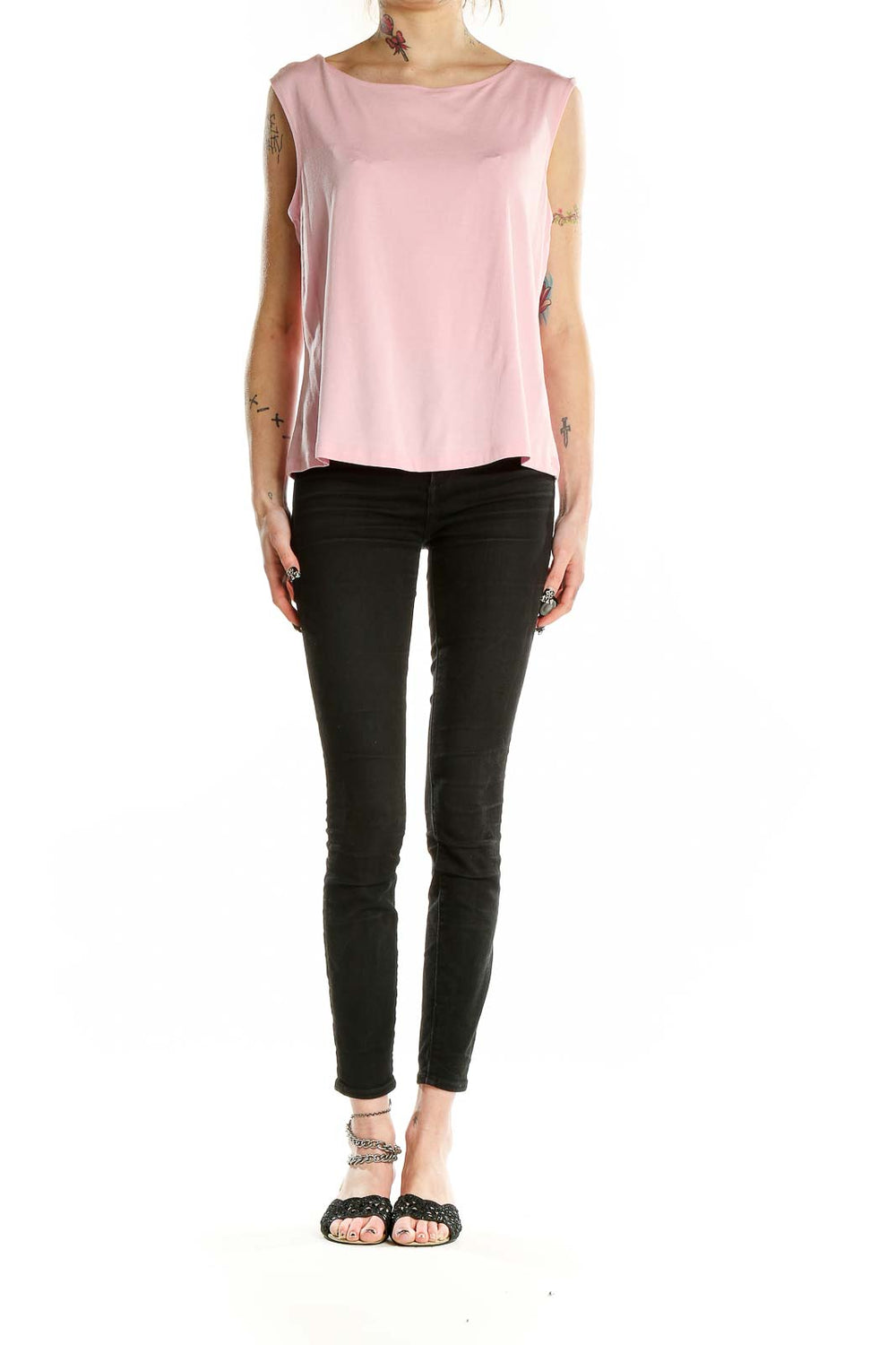 Front view of pink sleeveless rayon blend top by Kate Hill for Lord & Taylor
