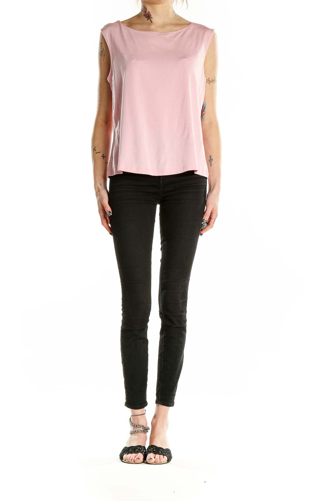 Front view of pink sleeveless rayon blend top by Kate Hill for Lord & Taylor