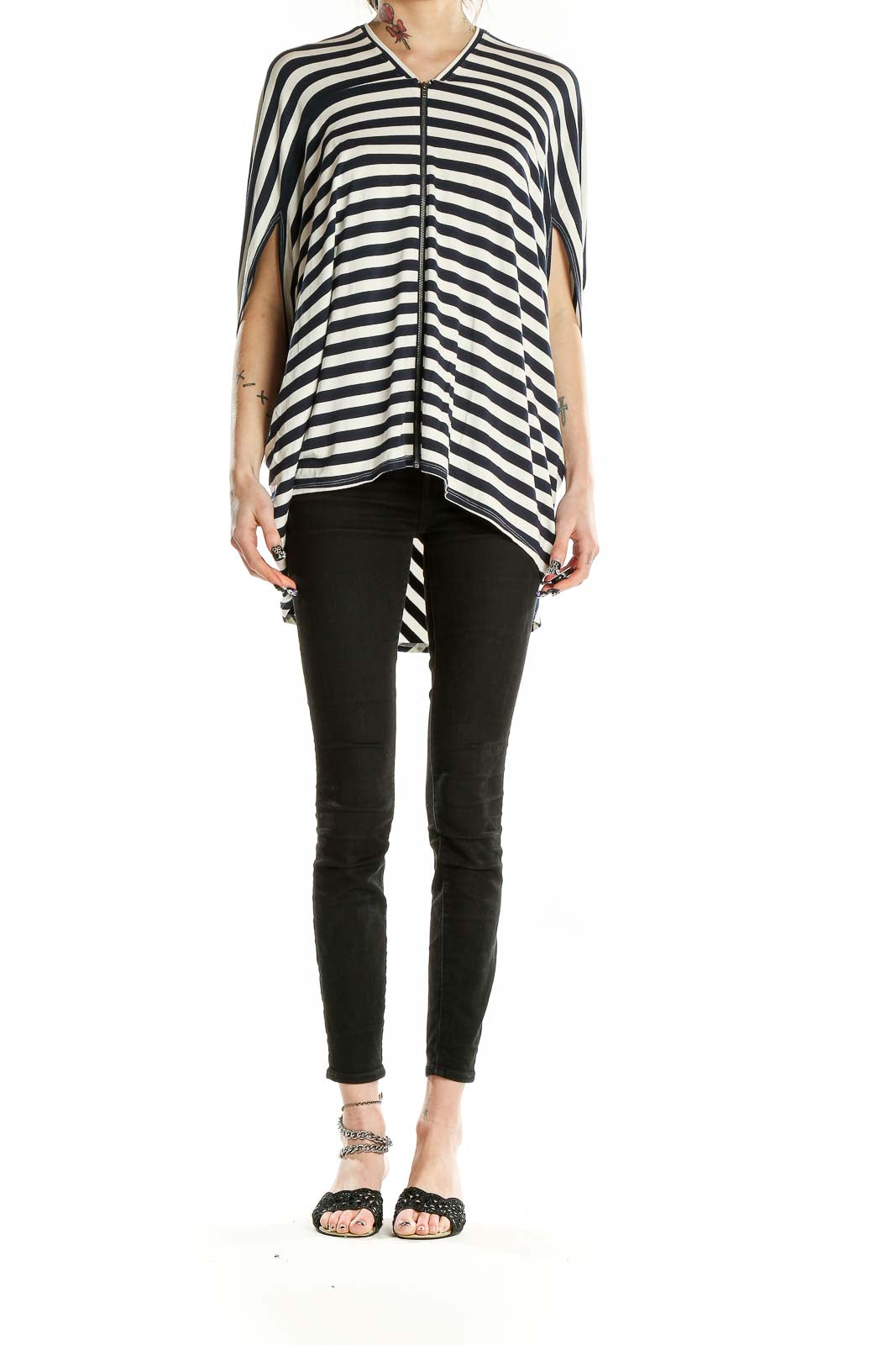 Front view of Nicole Miller Artelier Black and White Striped Batwing Top