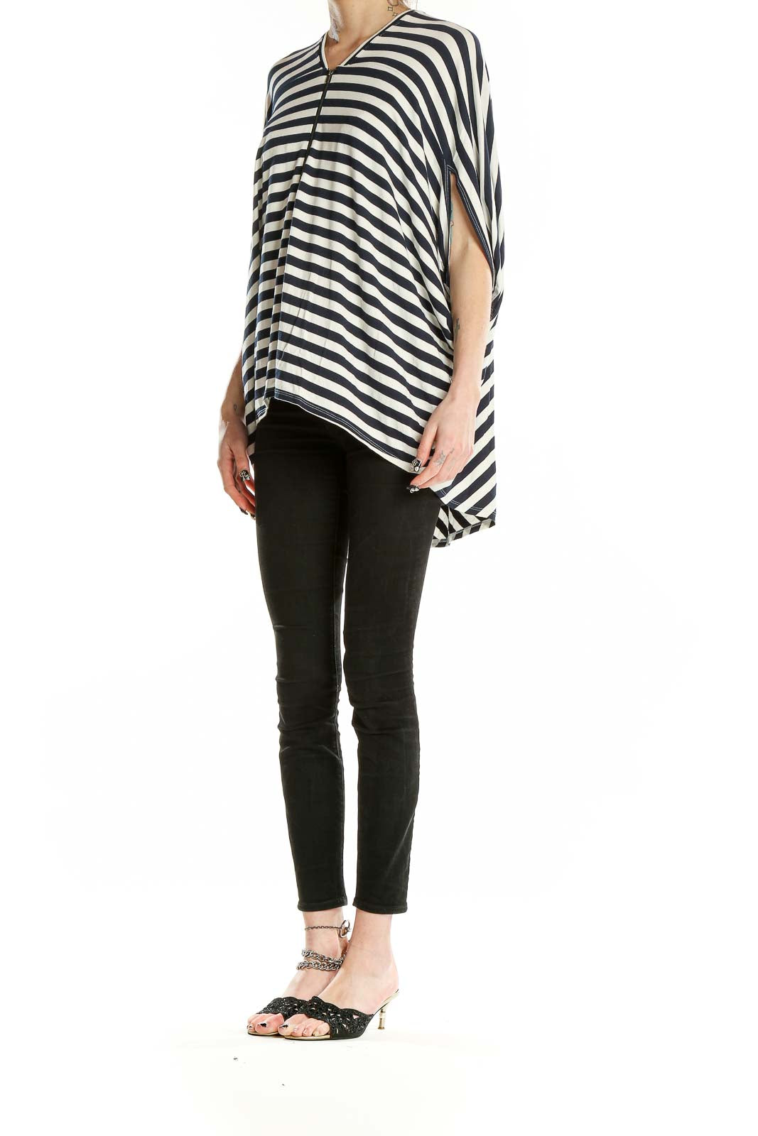 Front view of Nicole Miller Artelier Black and White Striped Batwing Top