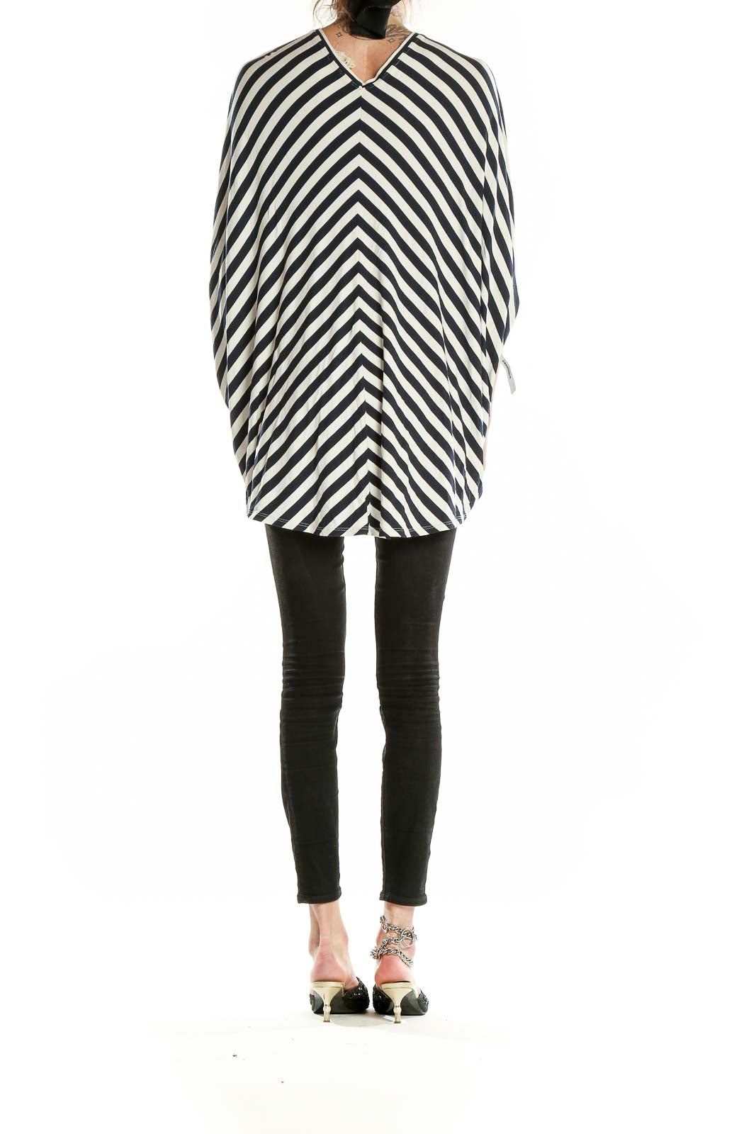 Back view of Nicole Miller Artelier Black and White Striped Batwing Top showing high-low hemline